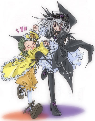 kanaria, suigintou, rozen maiden, duplicate, lowres, 00s, 2girls, lolita fashion, multiple girls, simple background, white background
