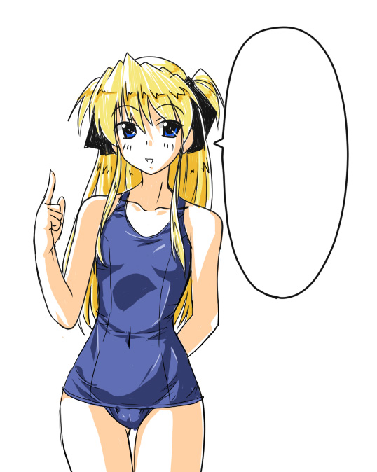 aflo aikawa, shalon, quiz magic academy, 1girl, bare shoulders, blank speech bubble, blonde hair, blue eyes, female focus, hair ribbon, long hair, one-piece swimsuit, pointing, pointing up, ribbon, school swimsuit, simple background, solo, speech bubble, swimsuit, white background