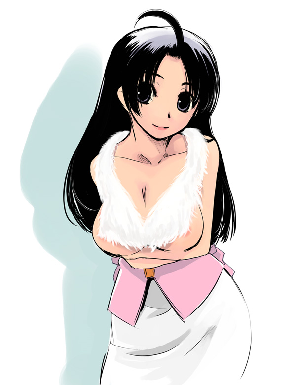yuu (kfc), miura azusa, idolmaster, idolmaster (classic), idolmaster 1, breast hold, duplicate, 00s, 1girl, ahoge, areola slip, bare shoulders, black eyes, black hair, breasts, cleavage, collarbone, cute & girly (idolmaster), female focus, head tilt, hip focus, large breasts, lips, long hair, looking at viewer, no bra, open clothes, open shirt, parted bangs, shirt, simple background, smile, snow strawberry, solo, standing, straight hair, white background