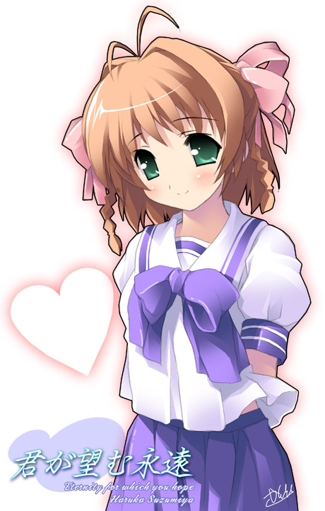 kantoku, suzumiya haruka, kimi ga nozomu eien, 00s, antenna hair, braid, hair intakes, midriff peek, pleated skirt, school uniform, serafuku, skirt, solo, twin braids