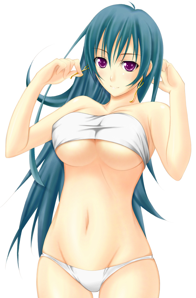 ribucci, kotona elegance, zoids, zoids genesis, long image, tall image, 00s, 1girl, ahoge, bandeau, bare shoulders, blue hair, blush, bra, breasts, cleavage, collarbone, earrings, female focus, groin, hair between eyes, hip focus, holding, jewelry, large breasts, light smile, lingerie, long hair, looking at viewer, lowleg, lowleg panties, navel, panties, purple eyes, sarashi, shiny skin, simple background, skindentation, smile, solo, standing, thigh gap, underboob, underwear, underwear only, white bra, white panties