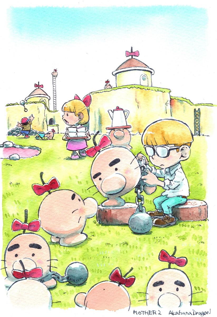 akahanadragon, doseisan, jeff andonuts, ness (mother 2), paula (mother 2), mother (series), mother 2, nintendo, commentary, highres, nib pen (medium), pen (medium), traditional media, 1girl, 2boys, artist name, ball and chain restraint, baseball cap, black eyes, blonde hair, blue shorts, blue sky, bow, brown shoes, building, closed mouth, collared shirt, copyright name, creature, cup, dress, glasses, grass, green pants, hair bow, hat, holding, holding screwdriver, holding tray, ladder, lake, looking at another, looking at viewer, looking back, multiple boys, object on head, on tree stump, open mouth, outdoors, pants, pink dress, pink shoes, queue, red bow, red hat, red shoes, screwdriver, shirt, shoes, shorts, sideways hat, sitting, sky, solid circle eyes, solid oval eyes, standing, standing on one leg, striped clothes, striped shirt, teacup, teapot, throwing, tray, tree stump, village, wheelbarrow, whiskers, white shirt