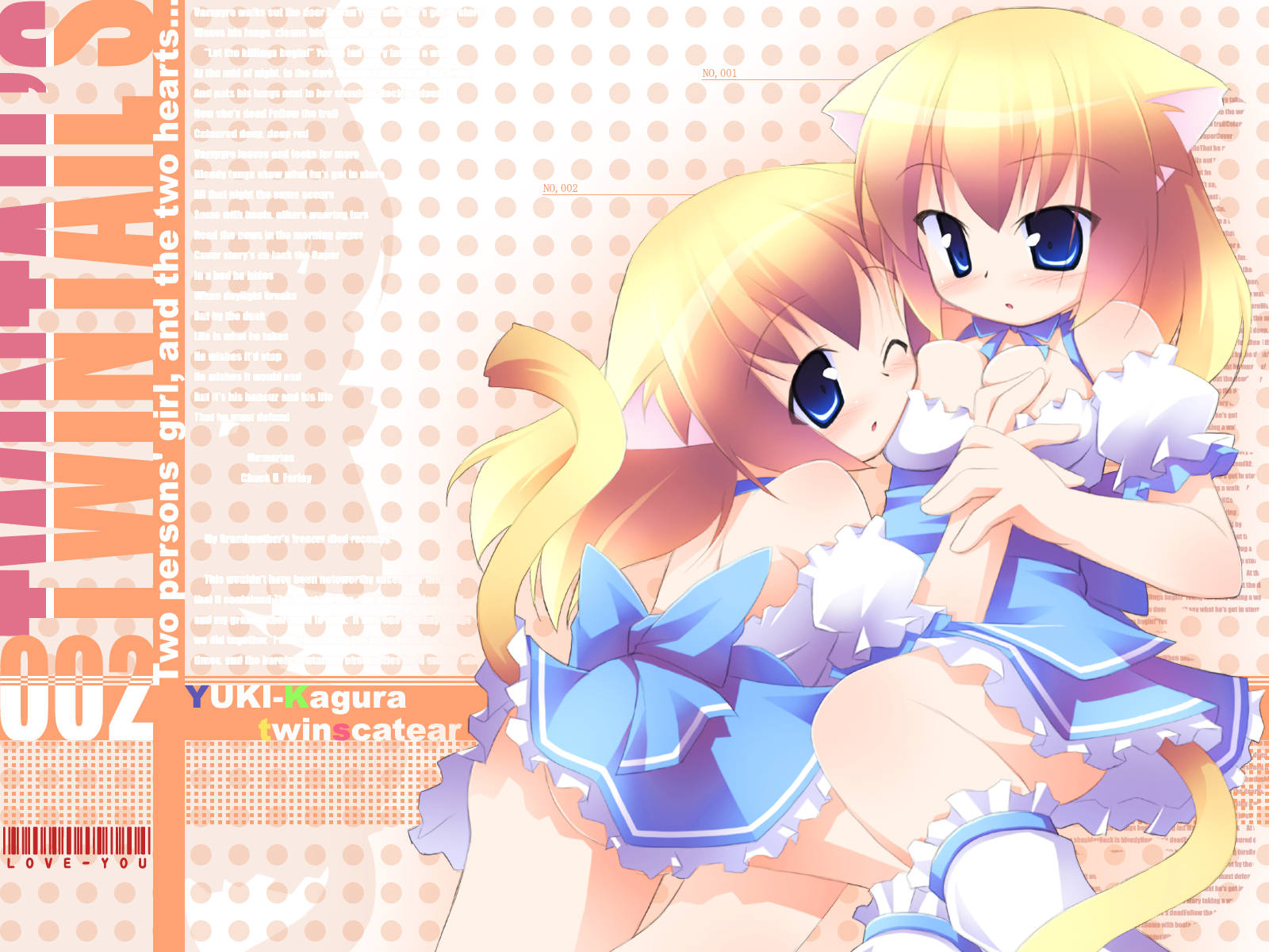 kagura yuuki, highres, 2girls, animal ears, breasts, cat ears, english text, female focus, groping, multiple girls, sitting, spread legs, waitress, yuri