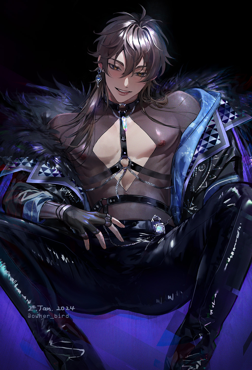 owner bird, eiden (nu carnival), nu carnival, crystal necklace, highres, 1boy, abs, antenna hair, bare pectorals, belt, bishounen, black belt, black choker, black gloves, black jacket, black pants, black shirt, blue gemstone, blush, boots, brown eyes, brown hair, bulge, chain, chain necklace, chest harness, choker, cleavage cutout, clothing cutout, covered erect nipples, dated, earrings, eiden (salacious king) (nu carnival), fingerless gloves, fur-trimmed jacket, fur trim, gem, gloves, harness, jacket, jewelry, latex, leather, leather pants, long hair, looking at viewer, male focus, multiple rings, necklace, nipples, o-ring, o-ring choker, o-ring harness, official alternate costume, official alternate hair length, official alternate hairstyle, open clothes, open jacket, open mouth, pants, pectoral cleavage, pectorals, pendant, revealing clothes, ring, seductive smile, see-through clothes, see-through shirt, shirt, single earring, sitting, skin tight, smile, solo, spread legs, teeth, twitter username