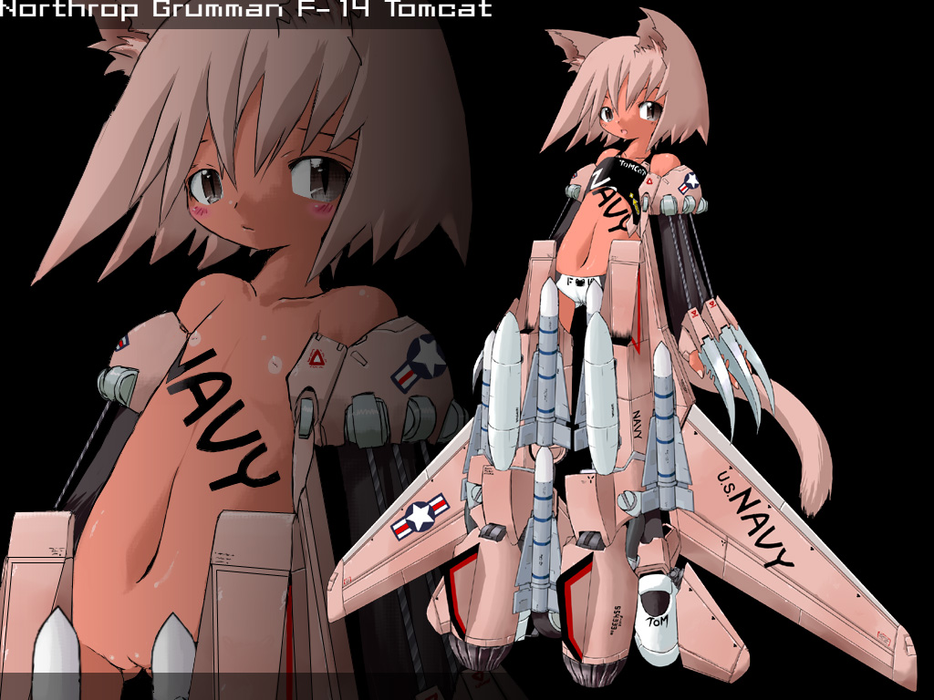 yone88, yonezuka ryou, f-14, original, jet, 1girl, aircraft, airplane, animal ears, blush, cat ears, claw (weapon), cleft of venus, collarbone, dark-skinned female, dark skin, f-14 tomcat, flat chest, gluteal fold, grey eyes, inverted nipples, loli, looking at viewer, mecha musume, military, multiple views, navel, nipples, nude, open mouth, pussy, small areolae, tail, uncensored, weapon