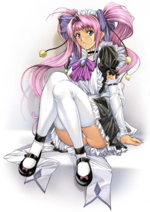 homare (fool's art), shizune (homare), original, 1girl, antenna hair, apron, black dress, bow, brooch, choker, detached sleeves, dress, earrings, female focus, hair bow, headdress, jewelry, lingerie, lipstick, long hair, maid, maid apron, maid headdress, makeup, mary janes, nail polish, panties, pantyshot, petticoat, pink nails, puffy sleeves, purple eyes, purple hair, purple lips, shoes, sitting, solo, thighhighs, twintails, underwear, very long hair, white panties, white thighhighs