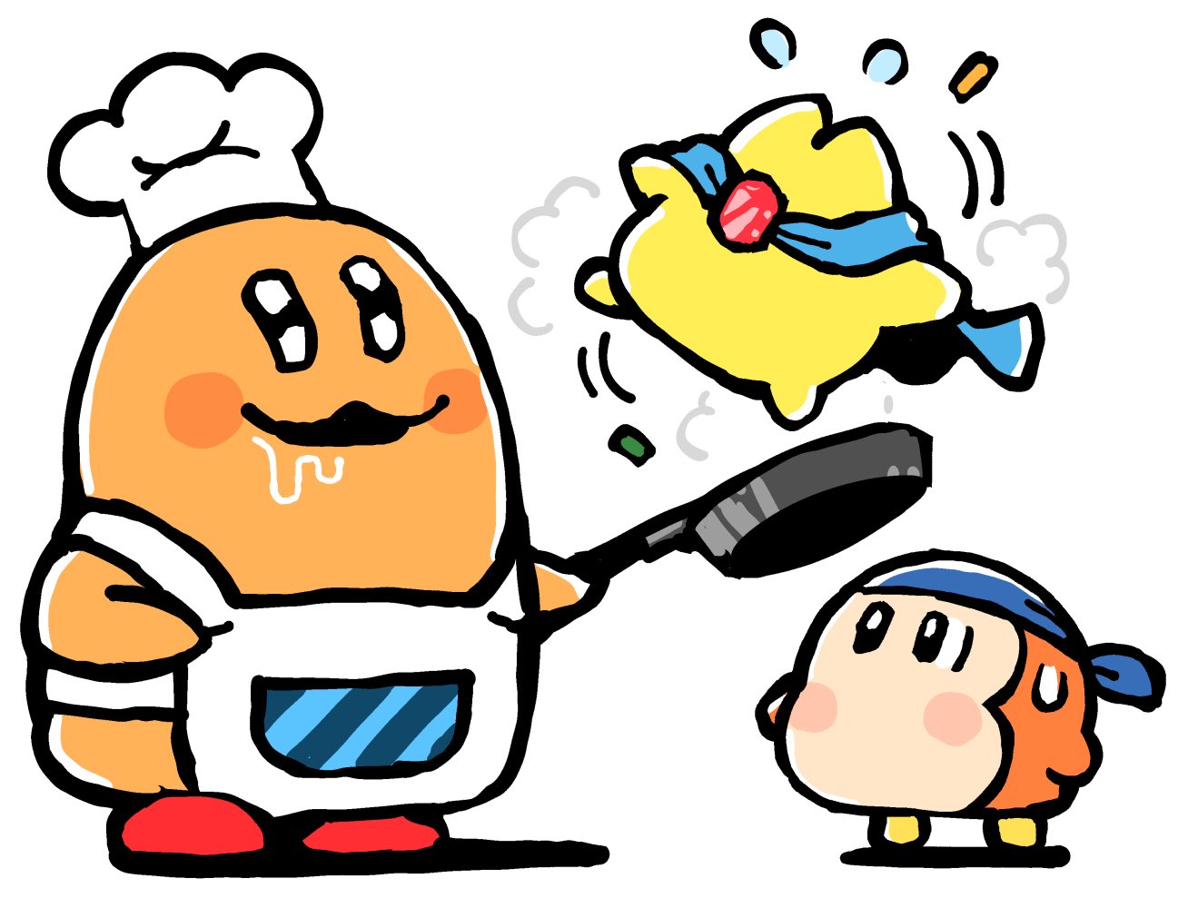 bkub, bandana waddle dee, chef kawasaki, starman (kirby), kirby (series), nintendo, apron, bandana, black eyes, blue bandana, blue cape, blush stickers, cape, chef hat, cooking, drooling, flying sweatdrops, frying pan, hat, holding, holding frying pan, motion lines, no humans, open mouth, saliva, simple background, sweatdrop, toque blanche, white apron, white background, white hat