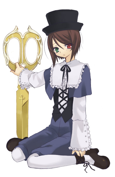 boku, piyodera mucha, souseiseki, rozen maiden, 00s, black shoes, brown hair, hat, heterochromia, pantyhose, scissors, shears, shoes, short hair, solo