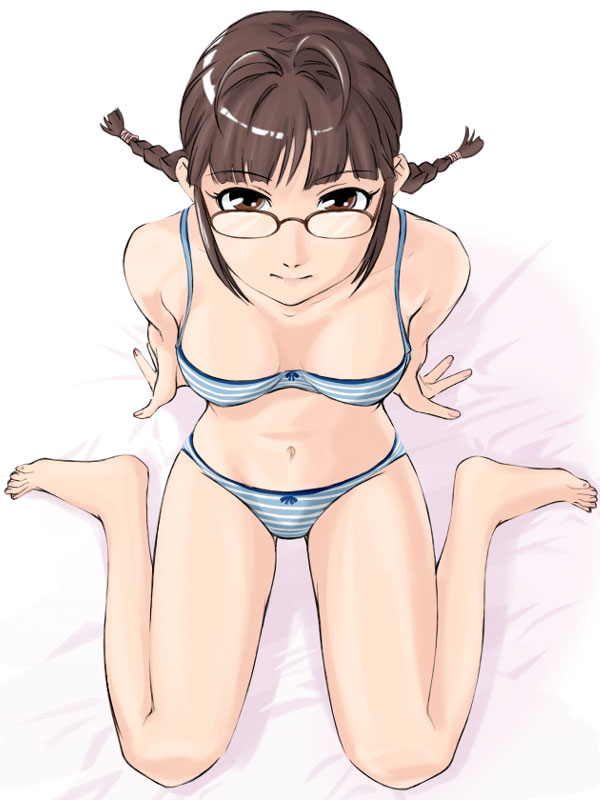 takahashi ren, akizuki ritsuko, idolmaster, idolmaster (classic), idolmaster 1, 00s, 1girl, ahoge, antenna hair, arm support, barefoot, blue bra, blue panties, bow, bow bra, bow panties, bra, braid, breasts, brown eyes, brown hair, cleavage, feet, female focus, from above, glasses, lingerie, looking up, navel, panties, short hair, sitting, solo, striped bra, striped clothes, striped panties, twin braids, underwear, underwear only