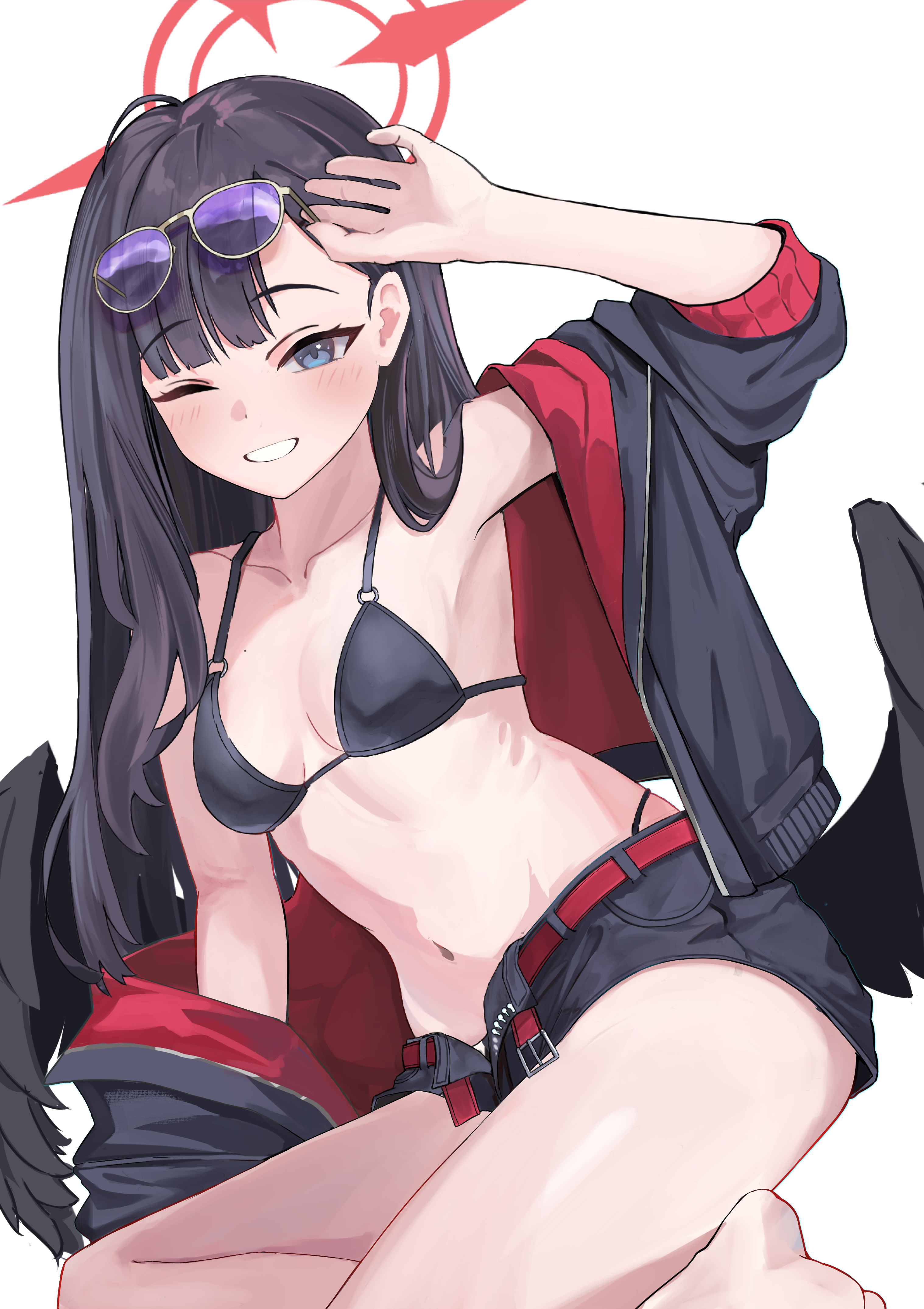 gachiz sun, ichika (blue archive), ichika (swimsuit) (blue archive), blue archive, absurdres, highres, 1girl, bikini, black bikini, black hair, black jacket, black shorts, black wings, breasts, eyewear on head, grey eyes, halo, jacket, navel, open fly, red halo, shorts, small breasts, smile, sunglasses, swimsuit, white background, wings