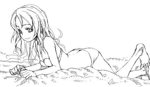 satou atsuki, original, ass, barefoot, bikini, feet, greyscale, long hair, lying, monochrome, on stomach, swimsuit