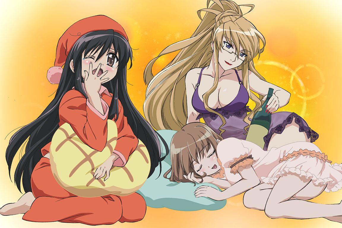 kinoshita sumie, margery daw, shana, yoshida kazumi, shakugan no shana, official art, official wallpaper, 00s, 3girls, :d, ;o, age difference, alcohol, arm support, ass, barefoot, blonde hair, blue eyes, blush, bottle, bread, breasts, brown eyes, brown hair, chemise, cleavage, closed eyes, covering own mouth, earrings, fingernails, food, frills, glasses, hand on own face, hand over own mouth, happy, hat, head tilt, holding, hugging object, jewelry, lace, large breasts, lingerie, lipstick, long fingernails, long hair, looking at viewer, lying, makeup, mature female, melon bread, messy hair, midriff, multiple girls, nail polish, nightcap, nightgown, one eye closed, open mouth, orange background, pajamas, pants, pillow, pillow hug, ponytail, red nails, seductive smile, see-through clothes, seiza, semi-rimless eyewear, shirt, short hair, sidelocks, sitting, sleeping, sleepy, smile, tears, under-rim eyewear, underwear, very long hair, wince, wine, wink, yawning