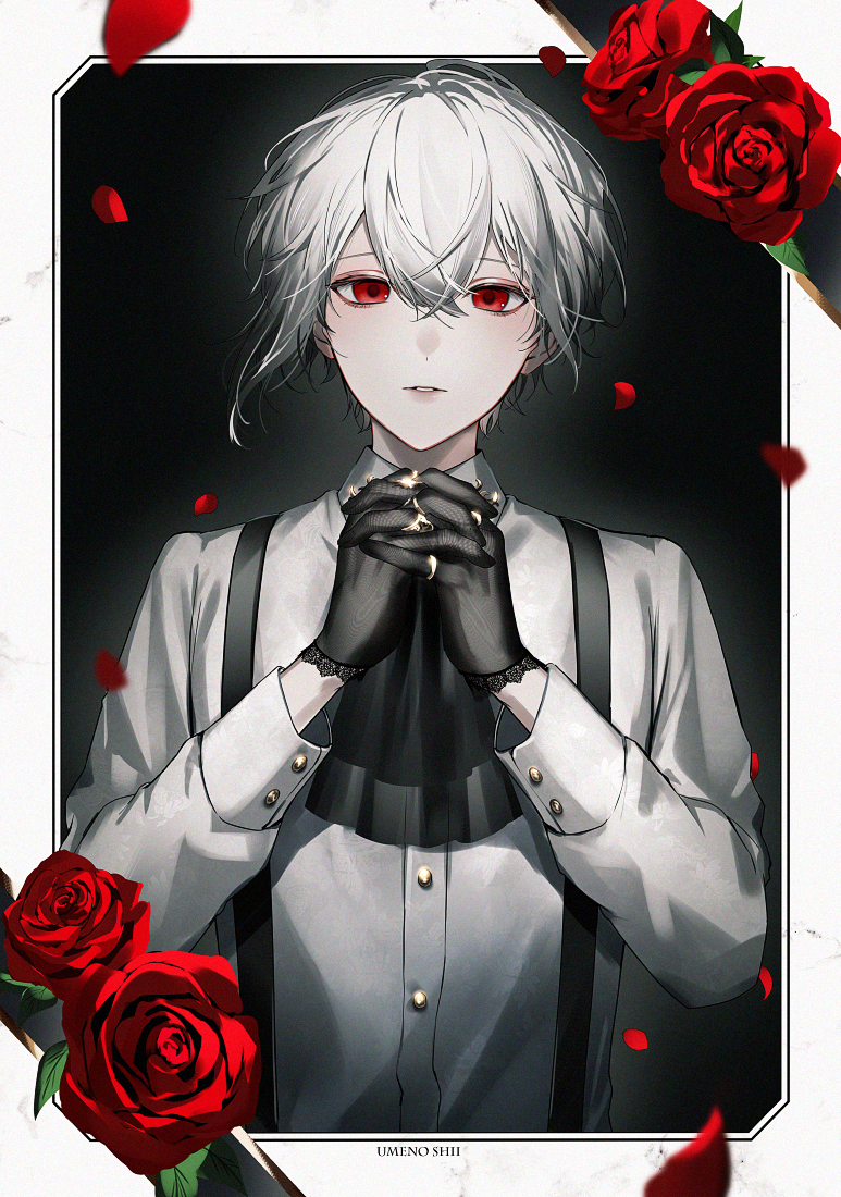 umeno shii, original, 1boy, artist name, ascot, black ascot, black gloves, border, collared shirt, crossed bangs, falling petals, flower, gloves, grey shirt, hair between eyes, jewelry, lace, lace-trimmed gloves, lace trim, long sleeves, male focus, multiple rings, outside border, own hands clasped, own hands together, parted lips, petals, red eyes, red flower, red rose, ring, rose, shirt, short hair, single sidelock, solo, straight-on, suspenders, upper body, white border, white hair