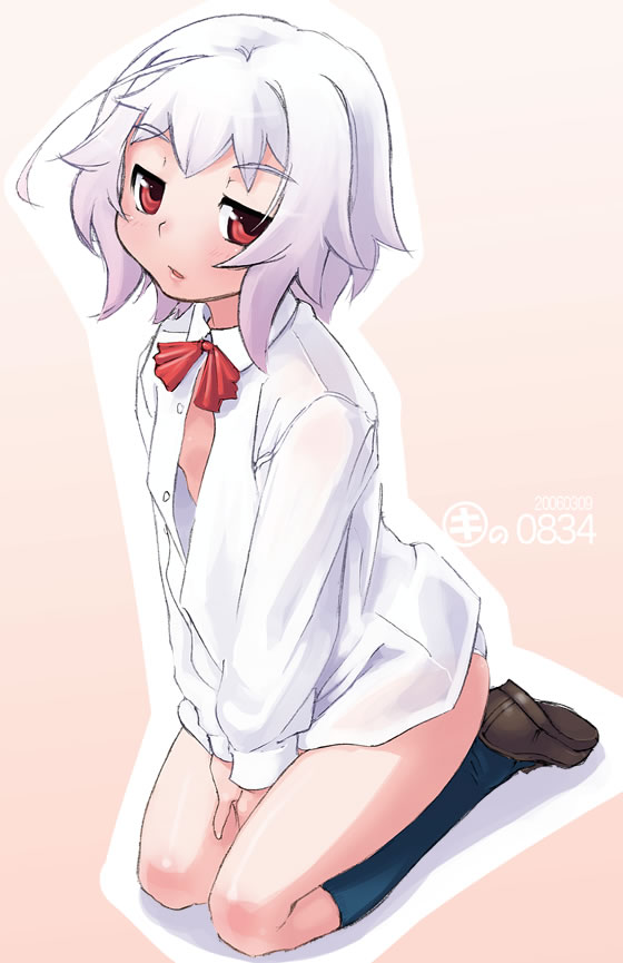 kei jiei, penne, original, black legwear, brown shoes, dress shirt, full body, open clothes, open shirt, own hands together, shirt, shoes, sitting, solo