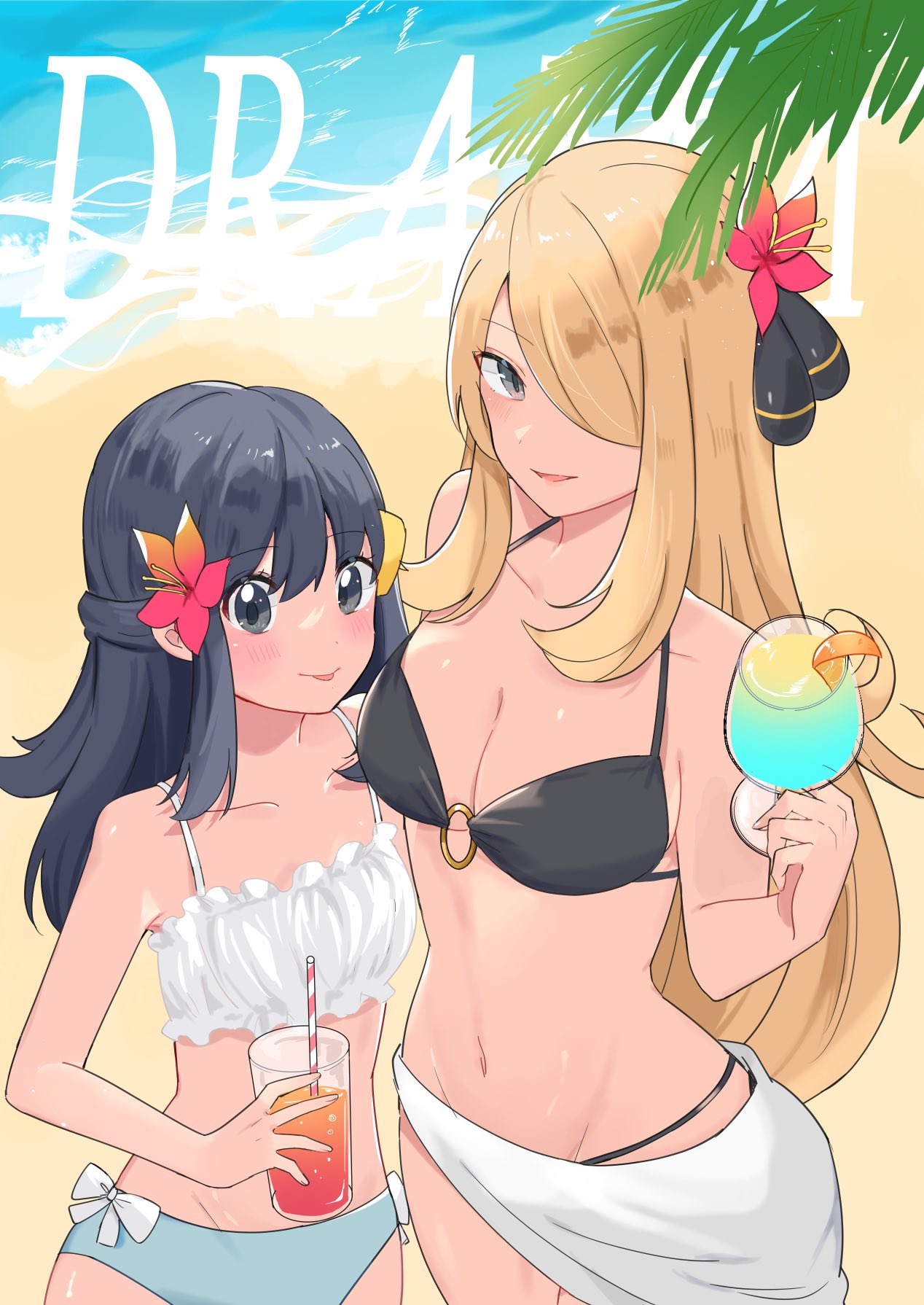 ririmon, cynthia (pokemon), dawn (pokemon), nintendo, pokemon, pokemon dppt, highres, 2girls, bare shoulders, beach, bikini, black bikini, blonde hair, blue bikini, blue hair, blush, breasts, cleavage, closed mouth, collarbone, cup, drinking straw, flower, glass, grey eyes, hair flower, hair ornament, hair over one eye, holding, holding cup, long hair, looking at viewer, medium breasts, multiple girls, navel, ocean, open mouth, outdoors, palm tree, parted lips, sarong, smile, stomach, swimsuit, tongue, tongue out, tree, tropical drink, very long hair, water, white bikini, white sarong