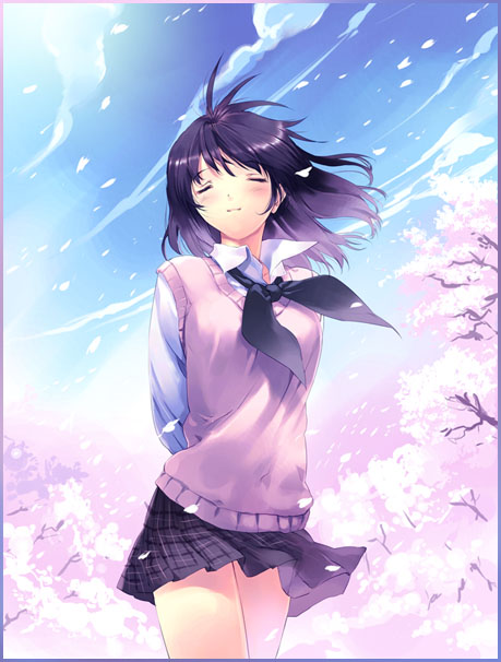 ueda ryou, original, 1girl, cherry blossoms, closed eyes, cloud, day, female focus, long sleeves, pleated skirt, school uniform, serafuku, skirt, sky, solo, sweater, sweater vest, vest, wind