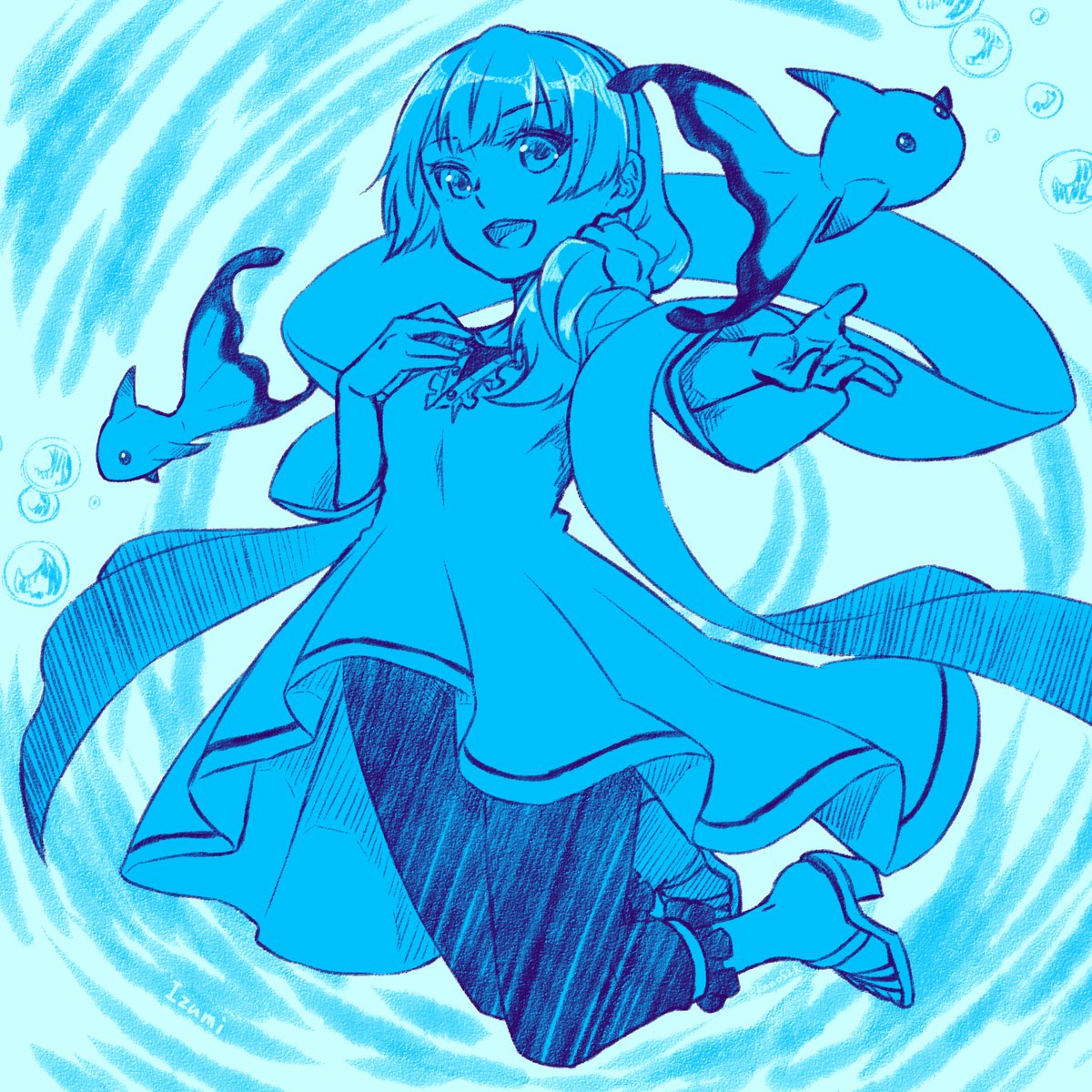 kano52k, izumi (under night in-birth), under night in-birth, highres, 1girl, bubble, dress, fish, hairband, hand on own chest, long hair, monochrome, open mouth, outstretched arm, sandals, side ponytail, sketch, solo