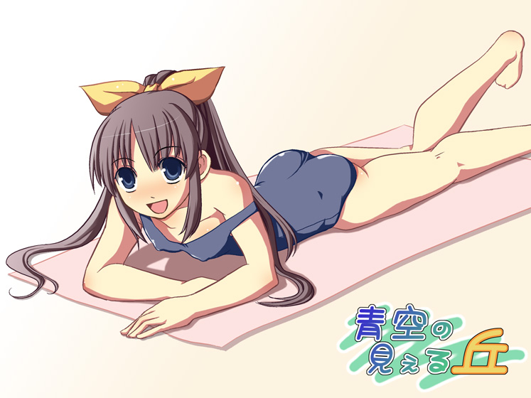 yuuji overall, nishimura konatsu, aozora no mieru oka, 1girl, ass, barefoot, blue eyes, bow, breasts, brown hair, covered erect nipples, female focus, lying, on stomach, one-piece swimsuit, school swimsuit, small breasts, solo, swimsuit