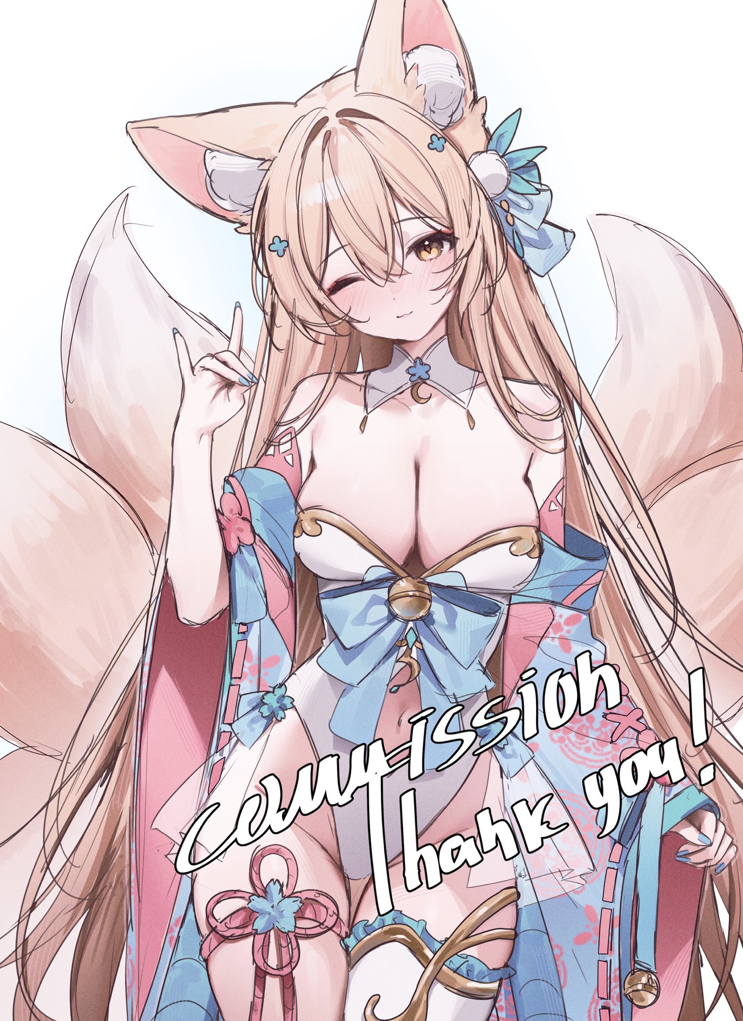 miyuchiq, indie virtual youtuber, commission, highres, 1girl, animal ears, bare shoulders, blonde hair, blue sleeves, breasts, cleavage, clothing cutout, detached sleeves, floral print, fox ears, fox girl, fox tail, highleg, highleg leotard, large breasts, leotard, long hair, looking at viewer, multiple tails, navel, navel cutout, nazu shimi, simple background, solo, tail, very long hair, virtual youtuber, white background, white leotard, wide sleeves, yellow eyes