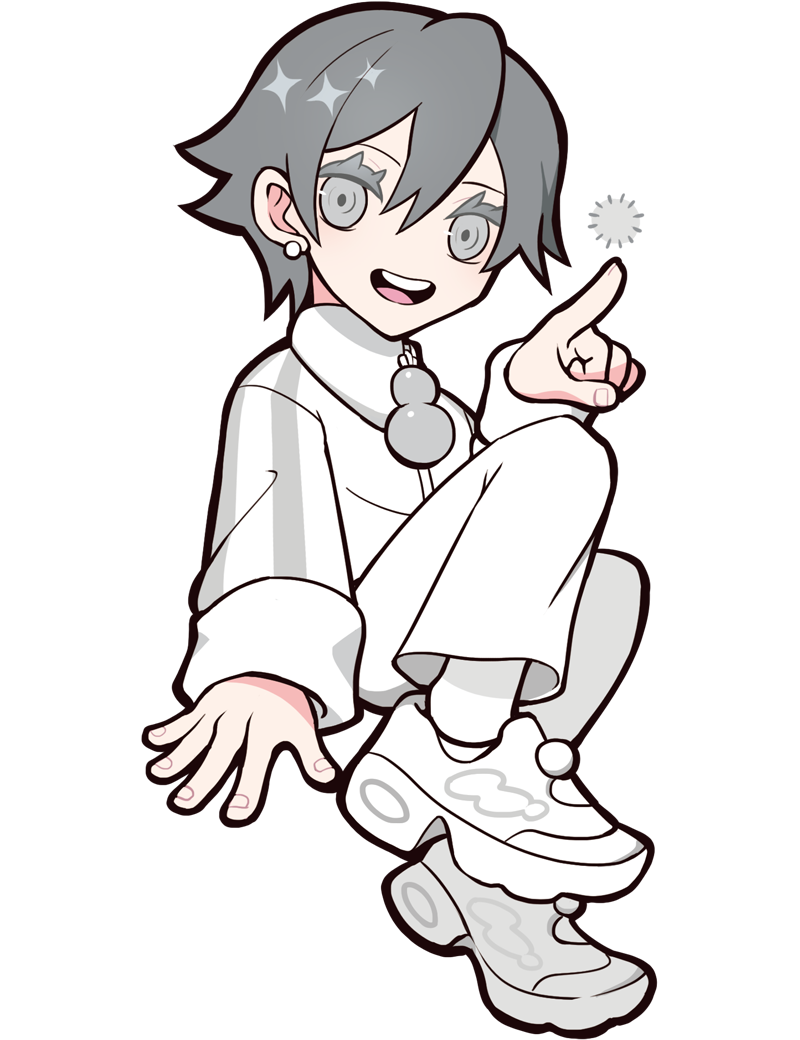 puppeteer7777, crazy raccoon, official art, second-party source, 1boy, anime coloring, ankle socks, black mouth, collared jacket, colored eyelashes, double vertical stripe, ear piercing, earrings, fingerless gloves, fingernails, full body, gloves, grey eyes, grey hair, gyen, hair between eyes, jacket, jewelry, long bangs, long sleeves, looking back, male focus, no nose, open mouth, pants, piercing, pointing, shoes, short hair, sleeve cuffs, smile, sneakers, snowman ornament, socks, solo, sparkle, striped clothes, striped sleeves, tachi-e, teeth, thick lineart, tongue, transparent background, turtleneck, turtleneck jacket, upper teeth only, vertical-striped clothes, vertical-striped sleeves, white jacket, white pants, white pom poms, white shoes, white sleeve cuffs, white socks, white theme, zipper pull tab