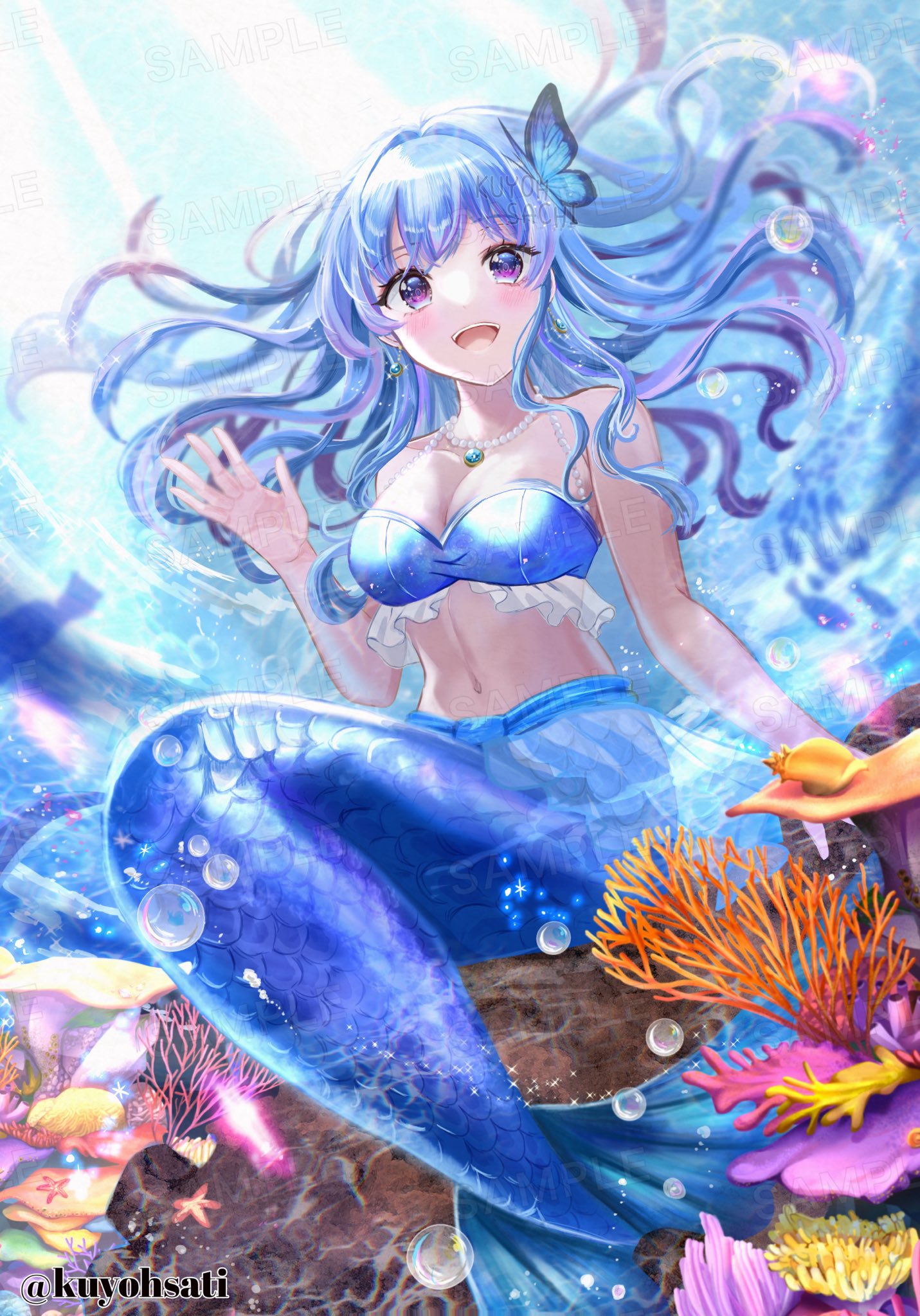 kuyohsati, original, highres, 1girl, artist name, bare shoulders, blue bra, blue hair, bra, breasts, bubble, butterfly hair ornament, cleavage, coral, earrings, floating hair, hair ornament, hand up, jewelry, long hair, looking at viewer, medium breasts, mermaid, monster girl, navel, necklace, open mouth, purple eyes, sample watermark, solo, twitter username, underwater, underwear, watermark
