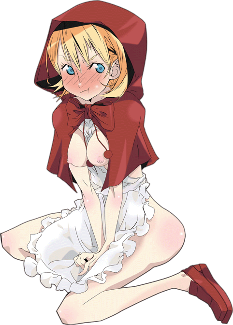 b.b. hood, capcom, darkstalkers, 1girl, apron, blonde hair, blue eyes, blush, breasts, female focus, full body, hood, medium breasts, naked apron, nipples, shoes, solo, transparent background