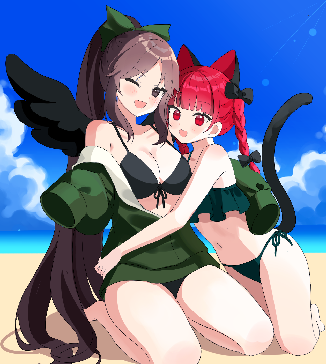 chimi (s2yuyukos2), kaenbyou rin, reiuji utsuho, touhou, highres, 2girls, :d, alternate costume, animal ears, bikini, black bikini, black eyes, black wings, blue sky, bow, braid, breasts, brown hair, cat ears, cat girl, cat tail, cleavage, green bow, green sweater, hair bow, high ponytail, hug, kneeling, large breasts, looking at viewer, multiple girls, one eye closed, open mouth, ponytail, red eyes, red hair, sky, smile, sweater, swimsuit, tail, twin braids, wings