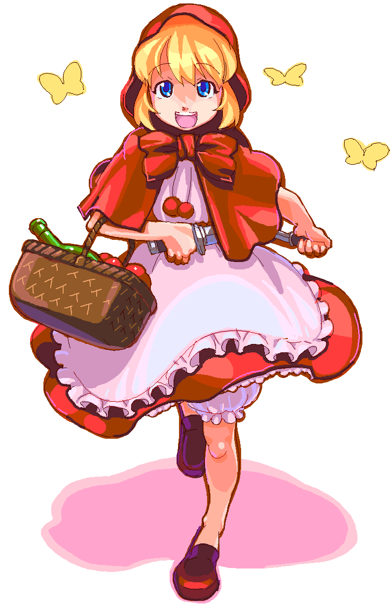 b.b. hood, capcom, darkstalkers, highres, 1girl, apple, apron, basket, blonde hair, bloomers, blue eyes, bottle, bow, bug, butterfly, capelet, dress, female focus, food, fruit, insect, knife, looking at viewer, open mouth, pom pom (clothes), red capelet, red dress, red hood, red shoes, shoes, simple background, smile, solo, underwear