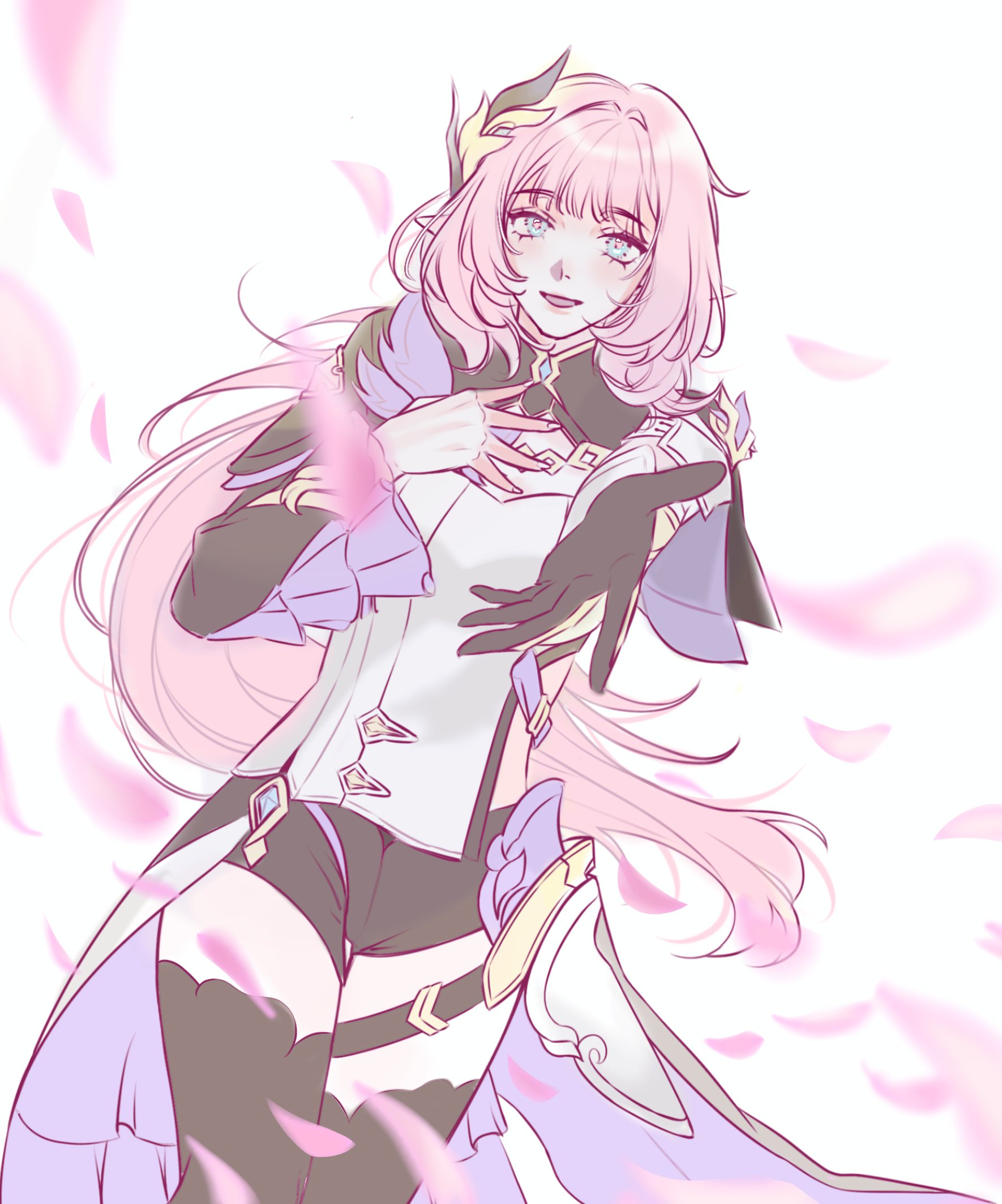 elysia (honkai impact), elysia (miss pink elf) (honkai impact), honkai (series), honkai impact 3rd, commentary, english commentary, highres, 1girl, black boots, black gloves, black shorts, blue eyes, boots, breasts, corset, elf, falling petals, gloves, hair ornament, large breasts, long hair, petals, pink hair, pointy ears, reaching, reaching towards viewer, rinchanart3, short shorts, shorts, solo, thighs, very long hair, white corset