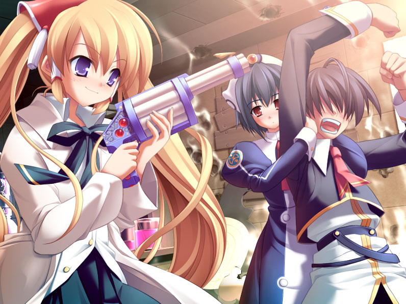 komatsu eiji, laiss, mariemaia glory, marimarie, majo2, majokko a la mode 2, game cg, 1boy, 2girls, black hair, blonde hair, gun, lace, long hair, multiple girls, purple eyes, red eyes, short hair, smile, twintails, weapon