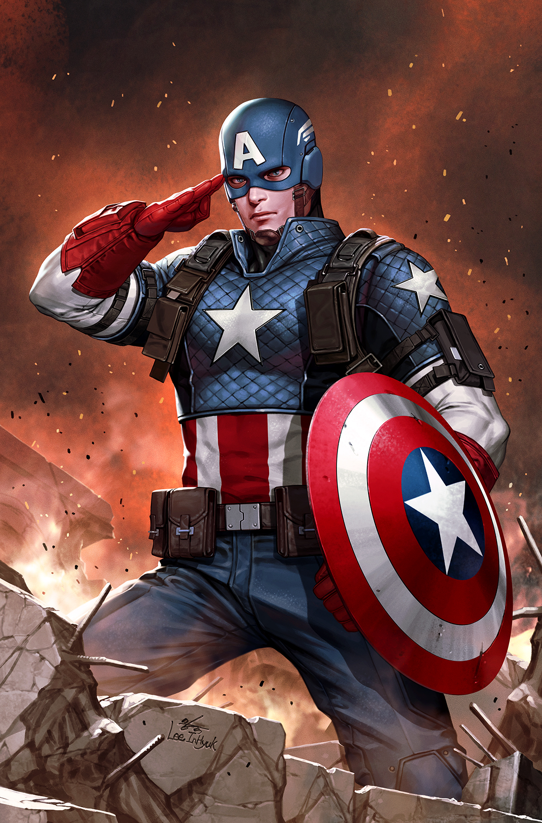 in-hyuk lee, captain america, steve rogers, marvel, comic cover, commentary, english commentary, highres, 1boy, belt, blue eyes, blue pants, gloves, pants, red gloves, shield, signature, solo, star (symbol)