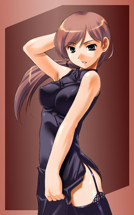 umekichi, 1girl, arm up, black eyes, blue eyes, brown hair, china dress, chinese clothes, dress, earrings, female focus, garter straps, hand in own hair, jewelry, lipstick, long hair, makeup, ponytail, side slit, solo, thighhighs