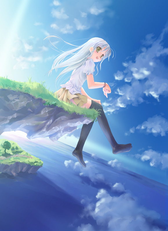 takoyaki (roast), original, 1girl, blue hair, cliff, cloud, day, female focus, floating island, long hair, nature, ocean, outdoors, scenery, sky, solo, thighhighs, water, yellow eyes