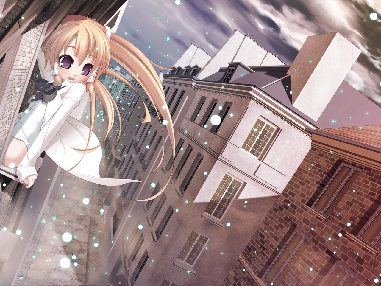 mariemaia glory, marimarie, majo2, majokko a la mode, majokko a la mode 2, artist request, blonde hair, city, happy, long hair, purple eyes, sitting, snow, snowing, solo, twintails, window