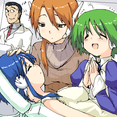 ilfa (to heart), multi (to heart), nagase gengorou, serio (to heart), to heart, to heart (series), to heart 2, bad id, bad pixiv id, lowres, 00s, 1boy, 3girls, blue hair, breasts, brown eyes, brown hair, green hair, long hair, lying, multiple girls, oekaki, robot ears, short hair, sleeping, turtleneck