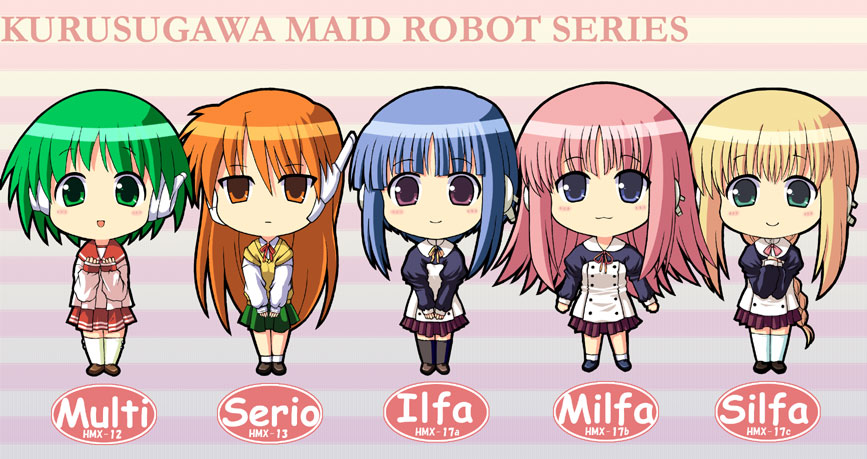 chaccu, ilfa (to heart), milfa (to heart), multi (to heart), serio (to heart), silfa (to heart), to heart, to heart (series), to heart 2, to heart 2 ad, 00s, 5girls, :3, :d, blonde hair, blue hair, blush, braid, chibi, chibi only, empty eyes, green hair, long hair, multiple girls, open mouth, orange hair, pink hair, ponytail, robot ears, school uniform, serafuku, short hair, smile, thighhighs, v arms