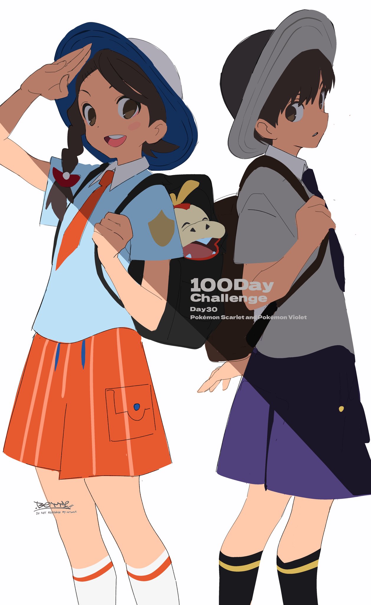 betti (xx betti), florian (pokemon), fuecoco, juliana (pokemon), nintendo, pokemon, pokemon sv, highres, 1boy, 1girl, brown eyes, brown hair, closed eyes, hat, naranja academy school uniform, necktie, open mouth, pokemon (creature), school uniform, shirt, short sleeves, smile, teeth, uva academy school uniform