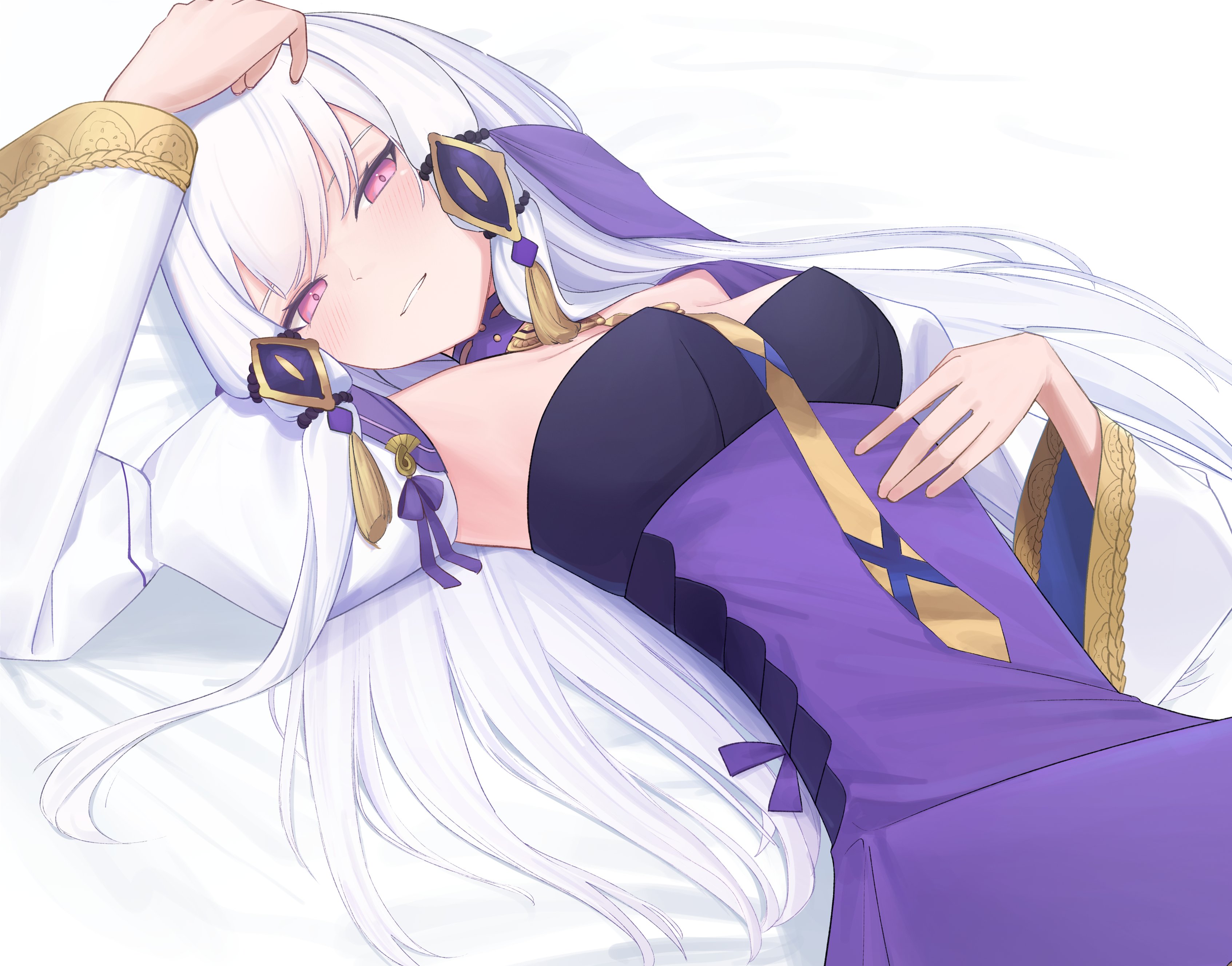 dokon, lysithea von ordelia, lysithea von ordelia (timeskip), fire emblem, fire emblem: three houses, nintendo, absurdres, highres, 1girl, blush, breasts, choker, dress, hair ornament, long hair, long sleeves, looking at viewer, lying, on back, parted lips, pink eyes, purple choker, purple dress, simple background, small breasts, smile, solo, teeth, upper body, white background, white hair