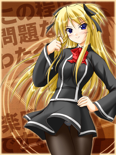 akimoto dai, shalon, quiz magic academy, 1girl, blonde hair, blue eyes, female focus, long hair, panties, panties under pantyhose, pantyhose, ribbon, school uniform, serafuku, smile, solo, striped clothes, striped panties, thigh gap, twintails, two side up, underwear