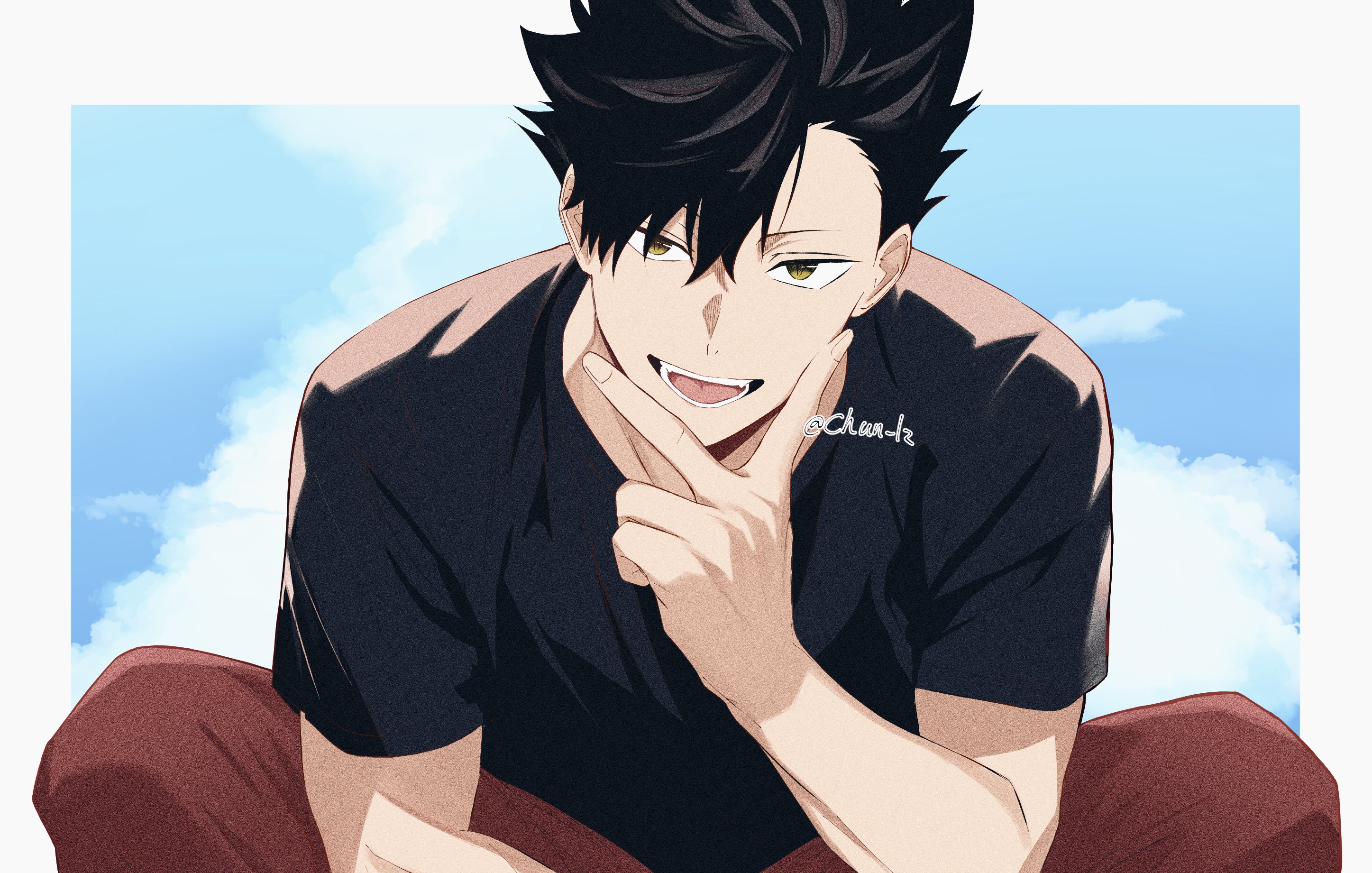 kuroo tetsurou, haikyuu!!, commentary, highres, symbol-only commentary, 1boy, arm up, black hair, black shirt, border, brown eyes, chun lz, cloud, crew neck, fingernails, hair between eyes, looking at viewer, male focus, open mouth, pants, red pants, sanpaku, shirt, short hair, short sleeves, sitting, sky, smile, solo, teeth, tongue, white border