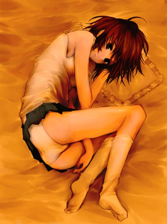 akahoshi kenji, original, ass, brown eyes, brown hair, camisole, fetal position, full body, lying, on side, panties, short hair, socks, solo, underwear, white panties, white socks
