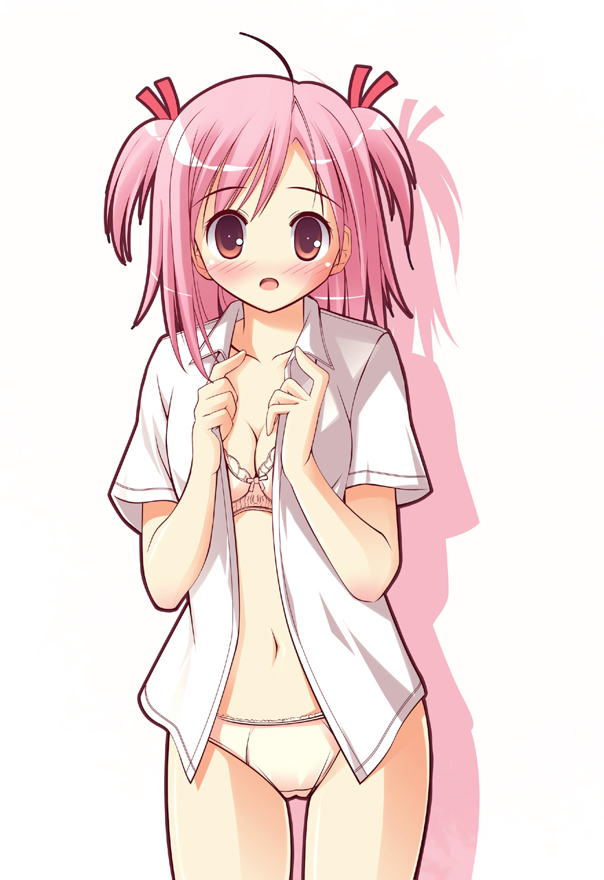 al azif (artist), aru (abyssinia), sasaki makie, mahou sensei negima!, highres, reference work, 00s, 1girl, blouse, blush, bottomless, bow, bow bra, bra, breasts, cleavage, dress shirt, female focus, frilled bra, frills, hair ribbon, lace, lace-trimmed panties, lace trim, lingerie, medium breasts, navel, no pants, open clothes, open shirt, panties, pink bra, pink eyes, pink hair, pink panties, ribbon, shirt, short hair, short twintails, solo, standing, thigh gap, thighs, twintails, two side up, underwear