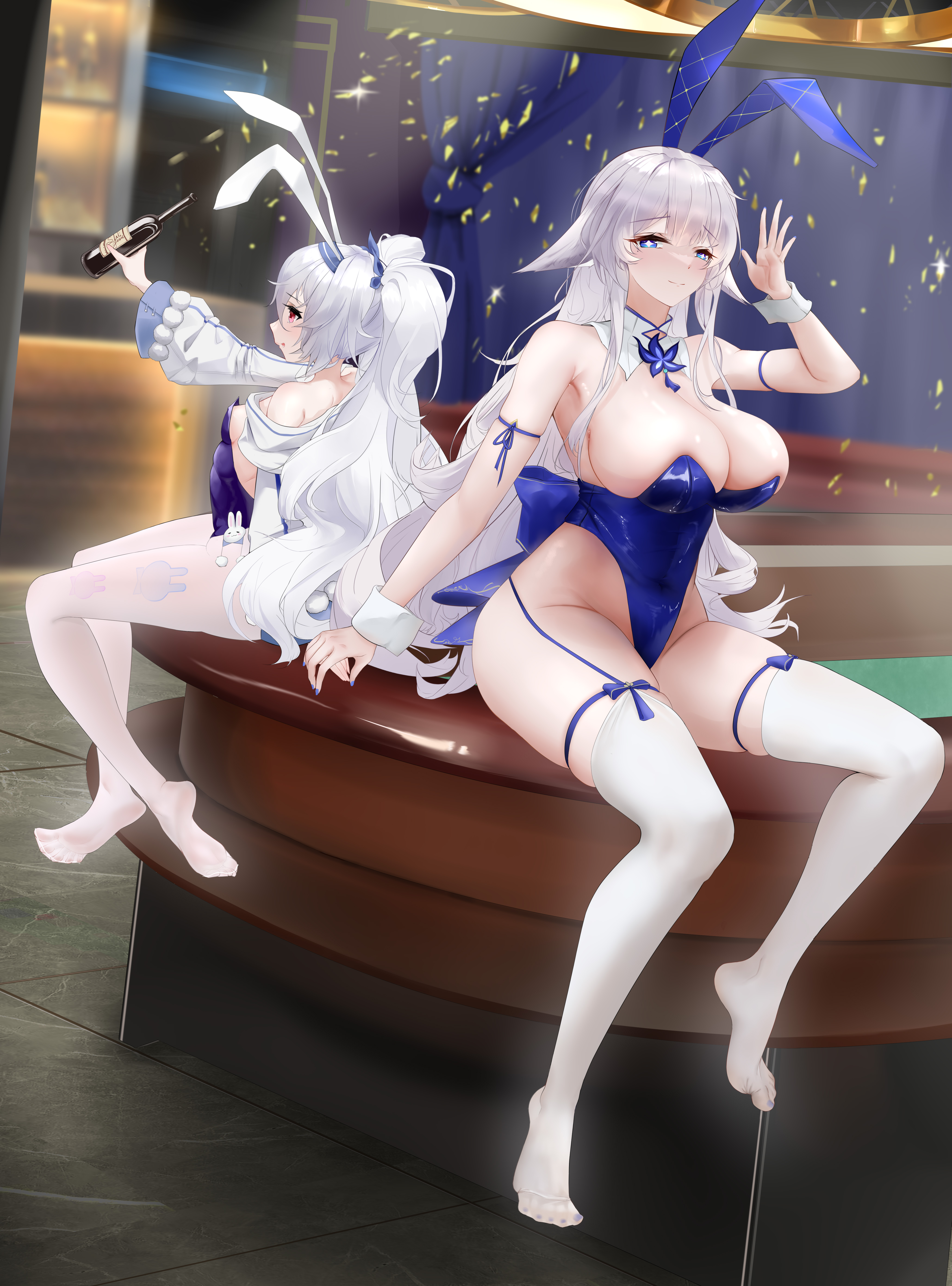 ahigashi (3098644761), laffey (azur lane), laffey ii (azur lane), laffey ii (sleepy on a busy day) (azur lane), shinano (azur lane), shinano (visions of fantasy) (azur lane), azur lane, absurdres, highres, + +, 2girls, animal ear hairband, animal ears, bare shoulders, blue eyes, blue garter straps, blue hairband, blue leotard, blue sleeve cuffs, bottle, breasts, cleavage, collar, fake animal ears, fox ears, fox girl, from side, full body, hair between eyes, hairband, highleg, highleg leotard, holding, holding bottle, indoors, kitsune, large breasts, leotard, long hair, long sleeves, looking at viewer, multiple girls, official alternate costume, pantyhose, playboy bunny, rabbit brooch, rabbit ears, red eyes, sitting, skindentation, small breasts, thighhighs, undersized breast cup, very long hair, white collar, white hair, white pantyhose, white thighhighs, white wrist cuffs, wrist cuffs