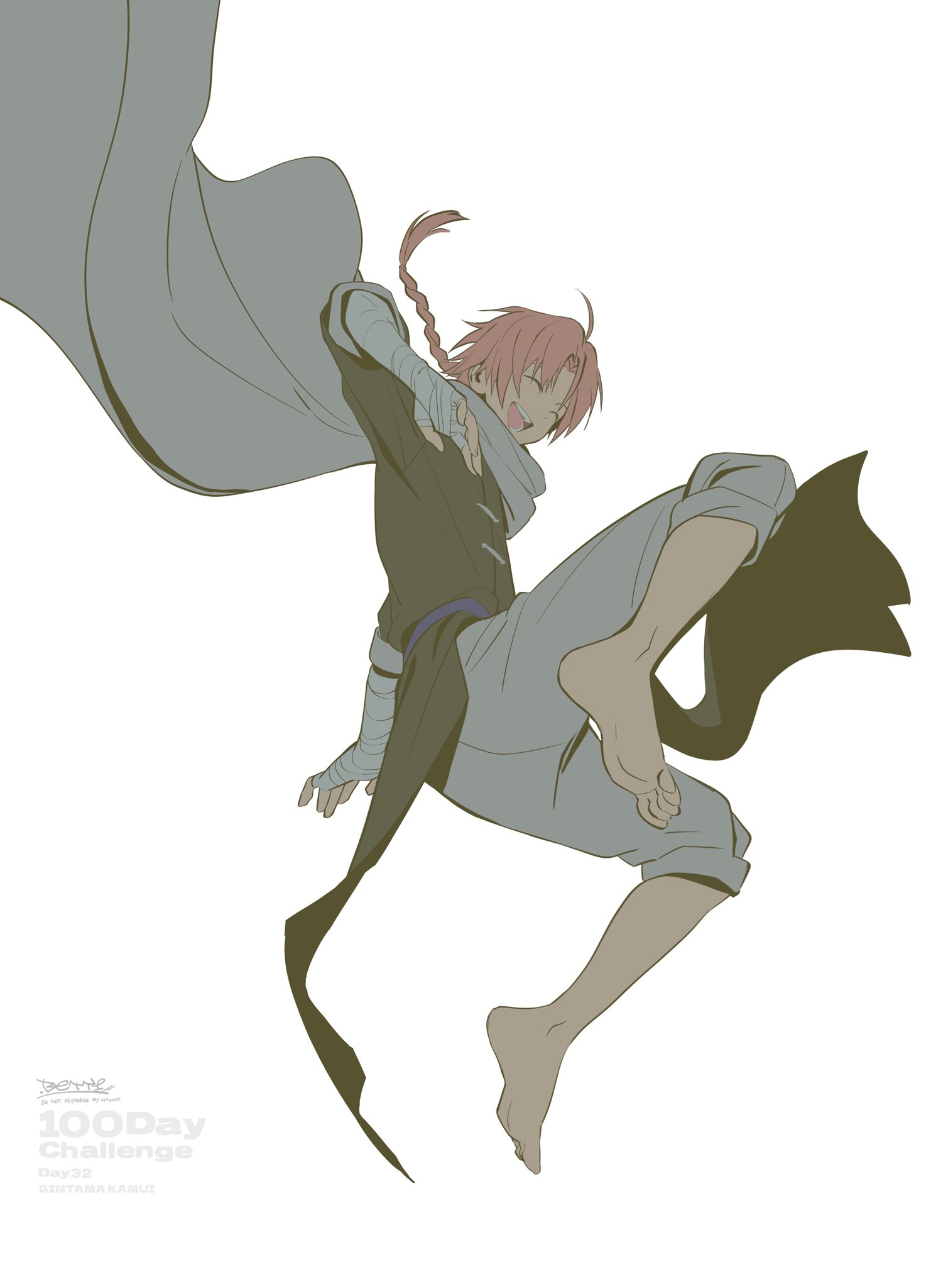 betti (xx betti), kamui (gintama), gintama, highres, ahoge, bandaged arm, bandaged hand, bandages, barefoot, braid, cape, feet, long hair, pink hair, single braid, smile, solo
