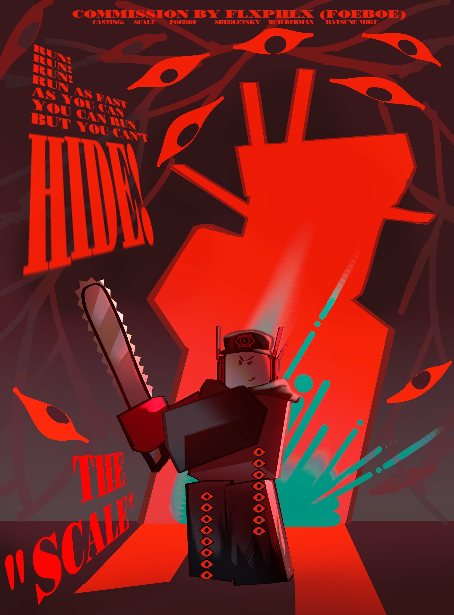 flxphlx, player character (roblox), roblox, commentary, commission, english commentary, highres, >:), 1other, branch, chainsaw, english text, eye print, full body, hat, headphones, holding, holding chainsaw, looking at another, looking at viewer, perspective, red theme, standing, too many eyes, v-shaped eyebrows