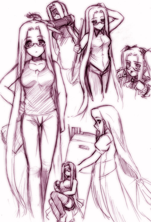 cea se, medusa (fate), medusa (rider) (fate), fate/stay night, fate (series), 00s, 1girl, carrying, cup, glasses, hand on own hip, holding, holding cup, long hair, low-tied long hair, monochrome, multiple views, square pupils, tank top, very long hair