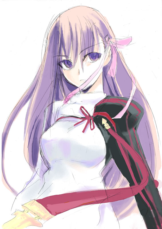 haruno tomoya, dark matou sakura, dark sakura, matou sakura, fate/hollow ataraxia, fate/stay night, fate (series), 00s, 1girl, female focus, hair between eyes, hair ribbon, long hair, official alternate costume, ribbon, simple background, sketch, solo, white background