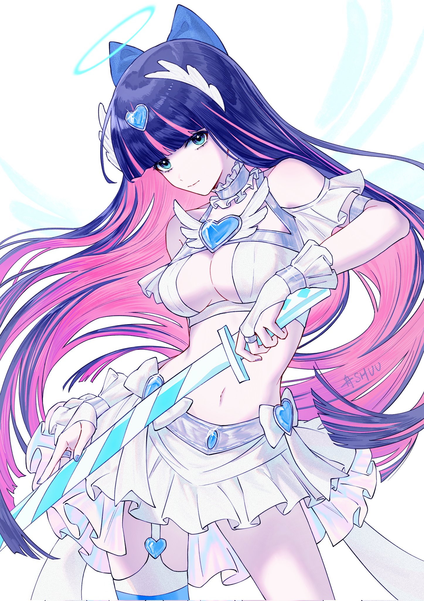 hskwshuu, stocking (psg), panty & stocking with garterbelt, highres, 1girl, armlet, artist name, blue bow, blue eyes, blue gemstone, blue halo, blue nails, blunt bangs, blunt ends, bow, breasts, bridal gauntlets, closed mouth, clothing cutout, contrapposto, crop top, fingernails, floating hair, garter straps, gem, glint, hair bow, halo, heart-shaped gem, holding, holding sword, holding weapon, jewelry, large breasts, long hair, looking at viewer, miniskirt, multicolored hair, nail polish, navel, pink hair, purple hair, shirt, short sleeves, shoulder cutout, simple background, single thighhigh, skirt, solo, streaked hair, sword, thighhighs, traditional halo, two-tone hair, very long hair, weapon, white background, white shirt, white skirt