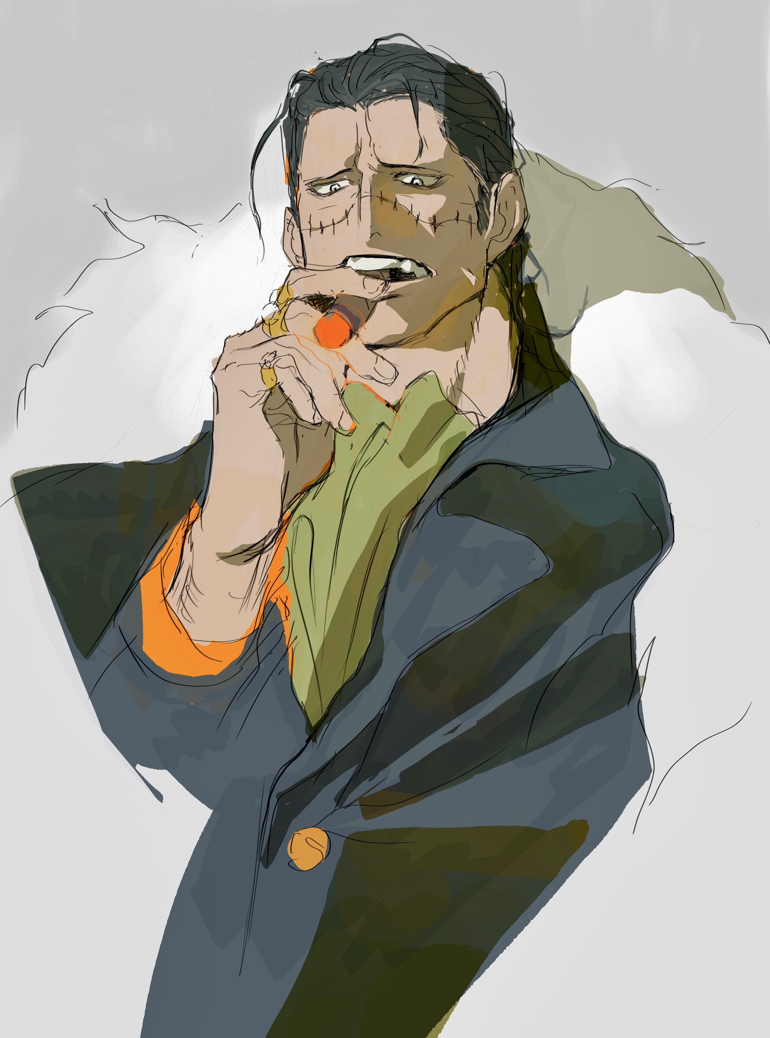 dazuzuzu, crocodile (one piece), one piece, absurdres, commentary, highres, 1boy, arm up, ascot, black cape, black hair, cape, cigar, cropped torso, fur-trimmed cape, fur trim, green ascot, grey background, grey eyes, hair slicked back, jewelry, long sleeves, looking ahead, male focus, multiple rings, ring, scar, scar on face, sideburns, sketch, smoking, solo, teeth, upper teeth only