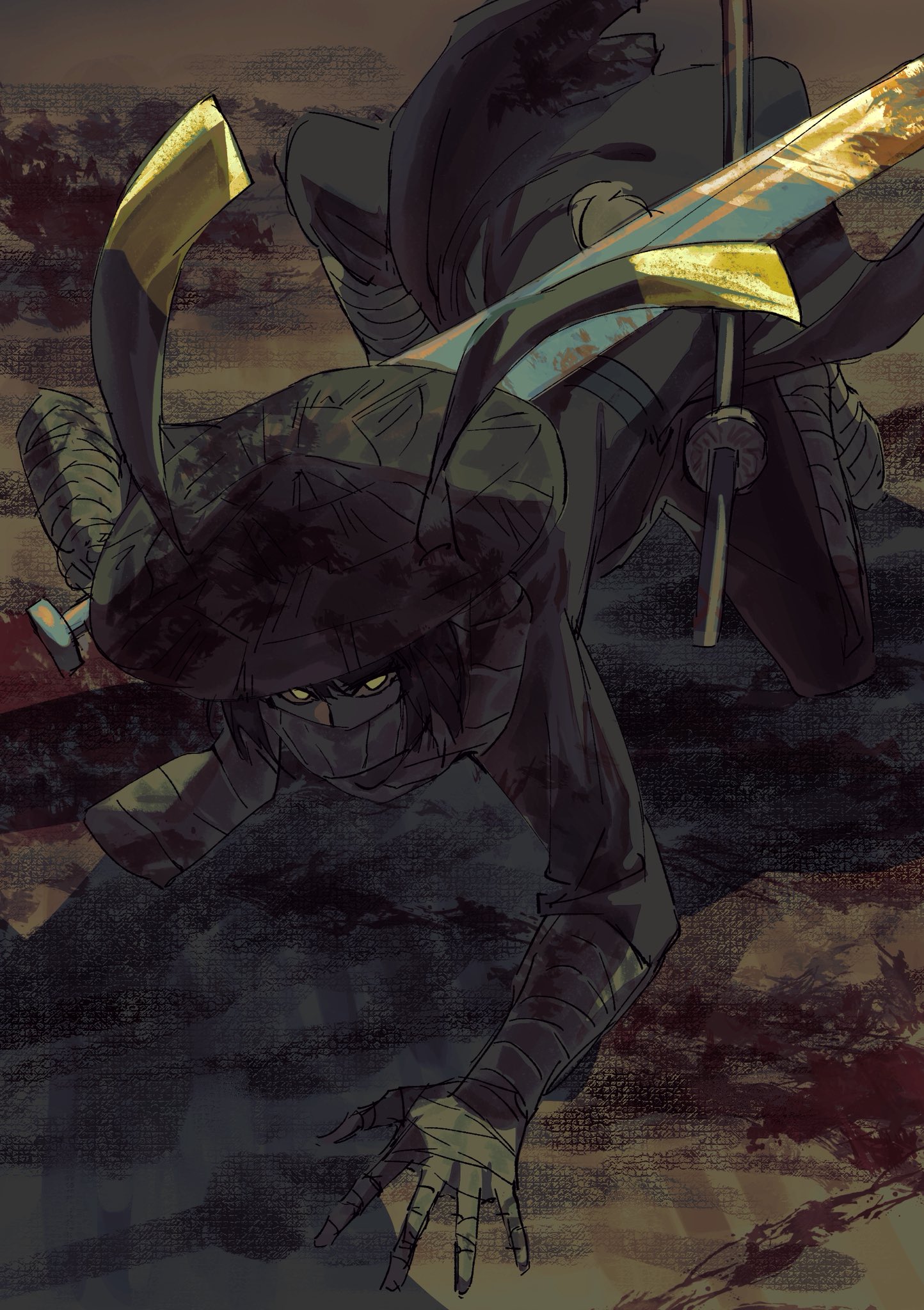 killerohan, ryoshu (project moon), limbus company, project moon, highres, 1girl, bandaged arm, bandages, black cape, black hair, cape, hat, heishou pack-mao branch (identity) (project moon), holding, holding behind back, holding weapon behind back, limited palette, looking at viewer, official alternate costume, painterly, scabbard, scarf, sheath, short hair, solo, straw hat, yellow eyes